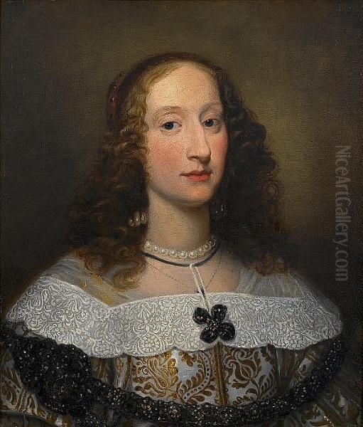 Portrait Of A Lady, Bust-length, In A Gold And White Dress With A White Lace-trimmed Collar And A Pearl Necklace Oil Painting by Frans Luycks