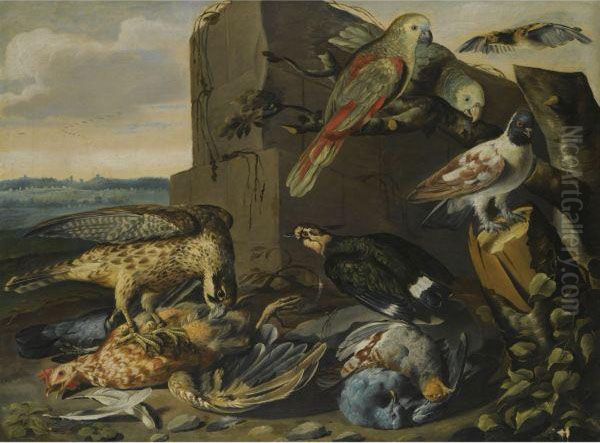 Landscape With Exotic Birds, Dead Game And An Eagle Attacking Ahen Oil Painting by Carstiaen Luyckx