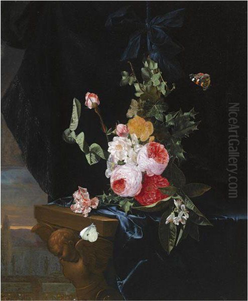 A Swag Of Roses And Thistle-leaf Oil Painting by Carstiaen Luyckx