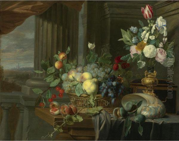 Still Life Of A Basket Of Fruit, Flowers In A Gilt Vase, A Nautilusshell And Other Objects On A Draped Table Near An Open Window, Alandscape Beyond Oil Painting by Carstiaen Luyckx