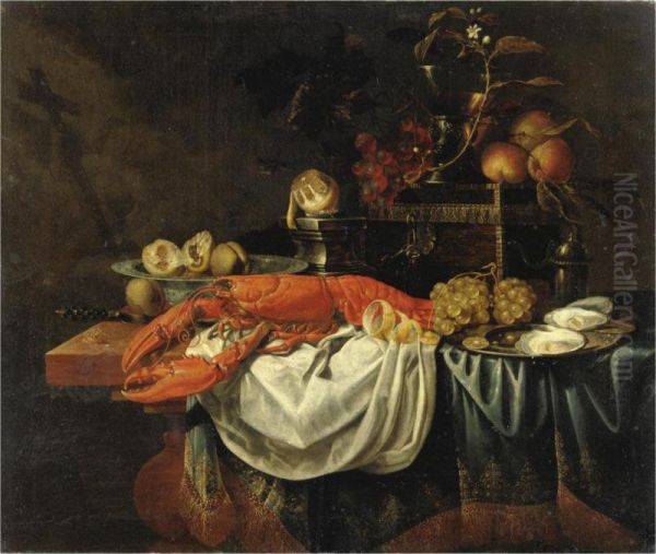 Natura Morta Con Frutta, Aragosta, Ostriche Ed Altri Oggetti Su Un Tavolo Oil Painting by Carstiaen Luyckx