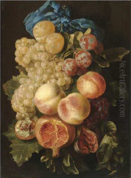 A Still Life With Plums, Grapes, Peaches And A Pomegranate Tied With A Blue Ribbon Oil Painting by Carstiaen Luyckx