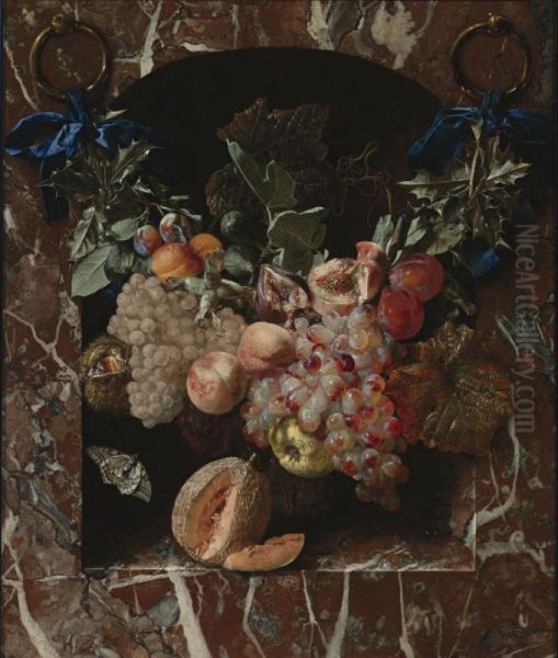 A Festoon Of Fruits, Including Peaches, Grapes, Plums And Hazelnuts, Suspended By Blue Ribbons Before A Marble Niche, With A Melon Resting On A Ledge Below Oil Painting by Carstiaen Luyckx