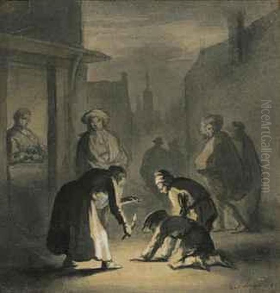 Figures Gathered In A Street At Night Oil Painting by Jan Luyken