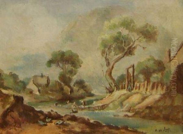 South African Landscape With Figures By Riverside Oil Painting by Arie Marthinus Luyt