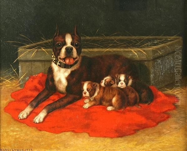 Proud Mother And Her Pups Oil Painting by Harry Lyman