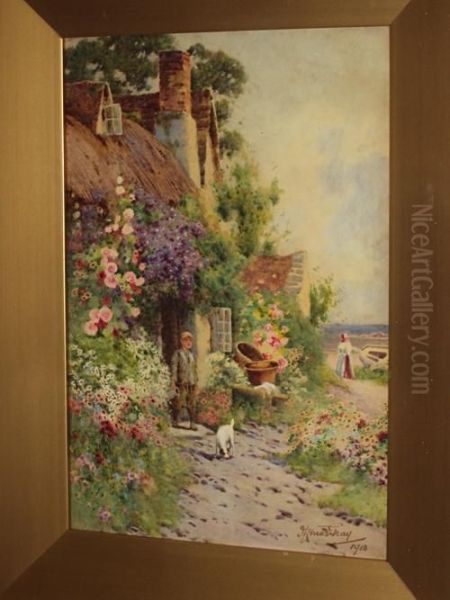 Young Boy And Puppy Before A Devon Coastal Cottage Oil Painting by J.A. Lynas Gray