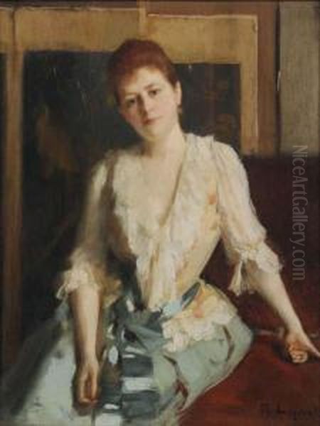 Jeune Femme Au Paravent Japonais Oil Painting by Albert Lynch