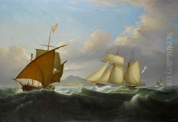 Lord Belfast's Yacht Emily Off Themediterranean Coast With A Xebec Off Her Port Bow Oil Painting by John Lynn