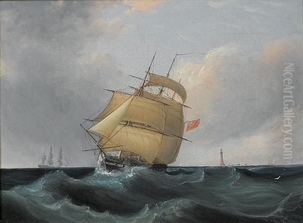 An Outward-bound Frigate Running Past The Eddystone Lighthouse In A Stiff Breeze Oil Painting by John Lynn