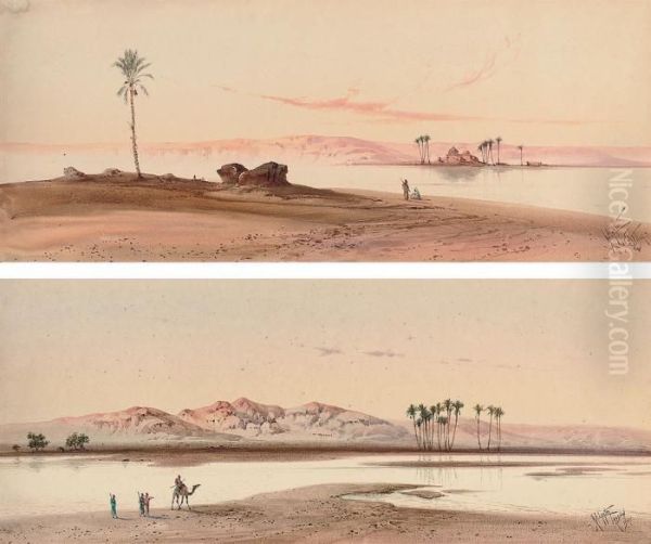 Arabs On The Nile At Aswan; And Arabs On The Nile At Dusk Oil Painting by Henry Stanton Lynton