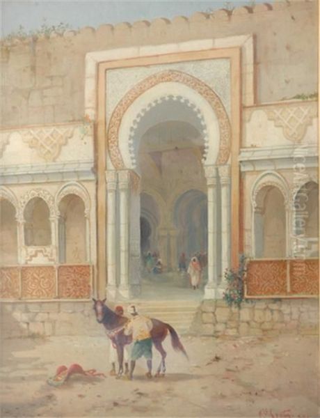 Tacking Up A Horse, Outside A Mosque Oil Painting by Henry Stanton Lynton