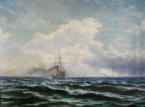 A Steamer Making Its Way Through Choppy Seas Oil Painting by John Howard Lyon