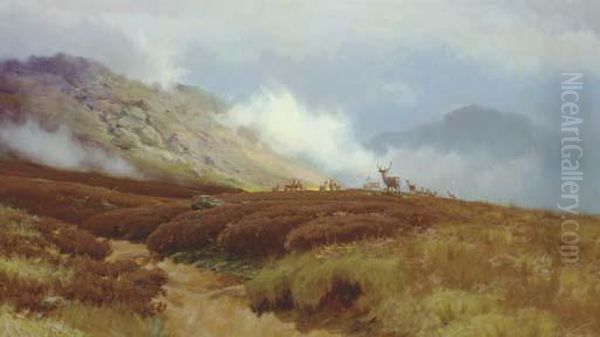 A Stag With Hinds In The Highlands Oil Painting by John Howard Lyon