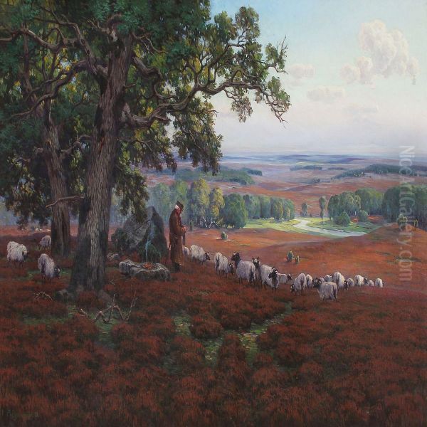 Vast Landscape With A Shepherd Knitting Under Large Oaks Oil Painting by Arnold E. Lyongrun