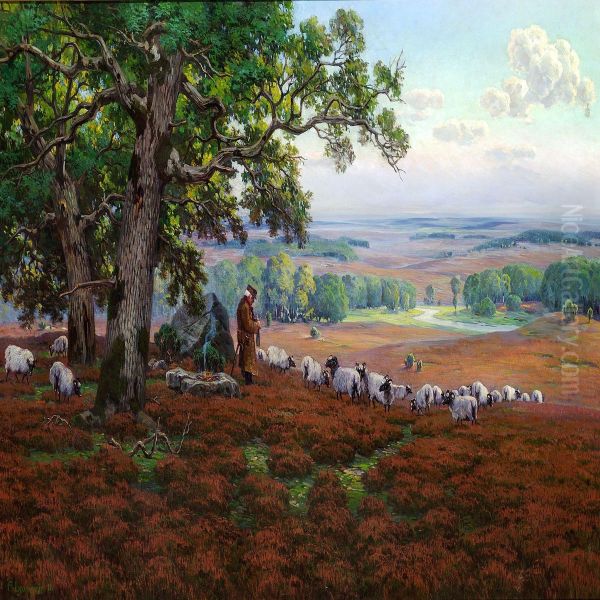 Vast Landscape With A Shepherd Knitting Under Largeoaks Oil Painting by Arnold E. Lyongrun