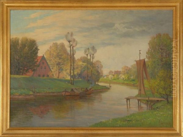 German Canal Scenes Oil Painting by Arnold E. Lyongrun