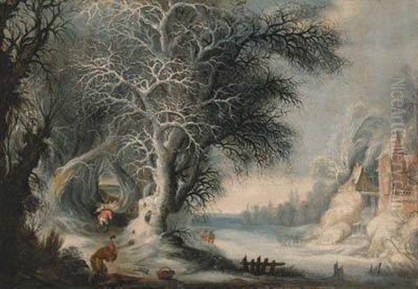 Woodcutters In A Winter Landscape, A Town Beyond Oil Painting by Gysbrecht Lytens