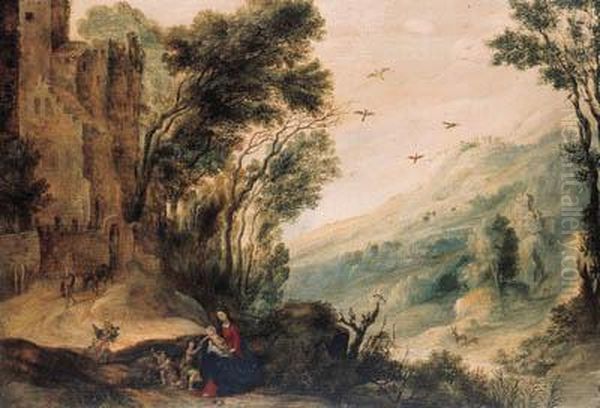 An Extensive Landscape With The Rest On The Flight Into Egypt Oil Painting by Gysbrecht Lytens