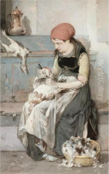 Woman From Psarra Plucking A Rooster Oil Painting by Nikoforos Lytras