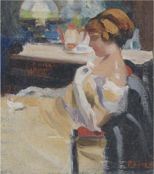 Seated Woman With White Gloves Oil Painting by Pericles Lytras