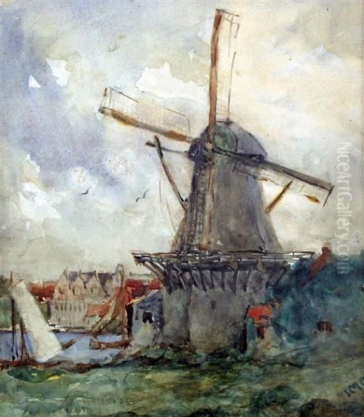 Windmill At Dordrecht Oil Painting by I Mabel Cadell