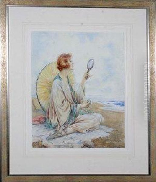 A Young Woman On A Beach Holding A Silver Hand Mirror Whilstapplying Make-up Oil Painting by Charles MacIvor or MacIver Grierson