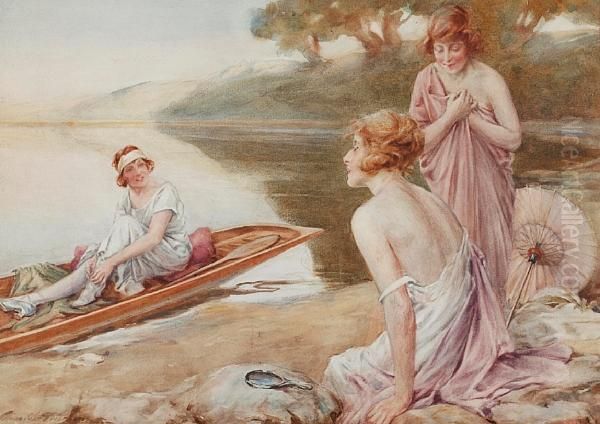 Three Young Ladies By A River, Signed, Watercolour Oil Painting by Charles MacIvor or MacIver Grierson