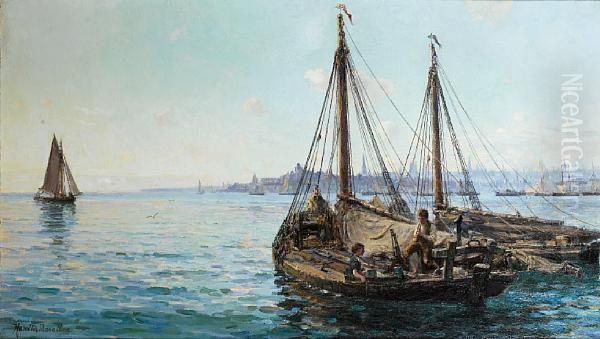 Herring Boats Off Aberdeen Oil Painting by Hamilton Macallum