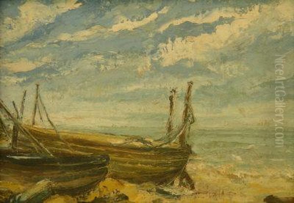 Macullum : Fishing Boats On The Shoreline Oil Painting by Hamilton Macallum