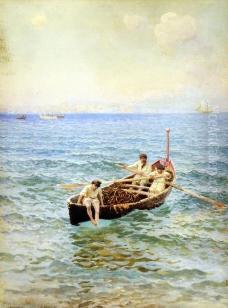 Toe Dipping, Mediterranean Seascape With Figures In A Rowingboat Oil Painting by Hamilton Macallum