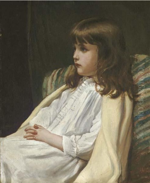 Portrait Of A Girl, Seated Three-quarter Length, In A White Dress Oil Painting by Blanche F MacArthur