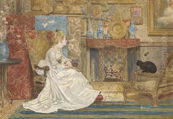 An Elegant Lady Seated By A Fire In A Chinese Influencedinterior Oil Painting by James Macbeth