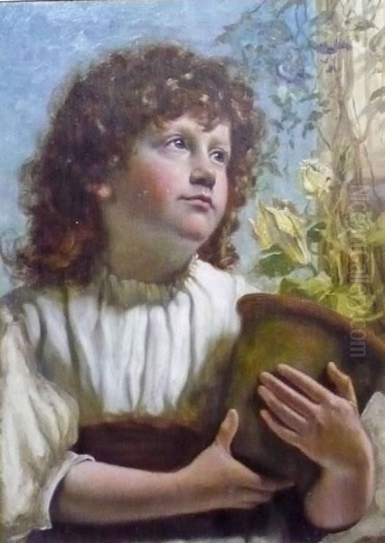 Girl With Flower Pot Oil Painting by Norman Macbeth