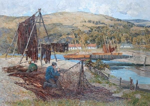 Fishermen Tending Their Nets By A River by William Macbride