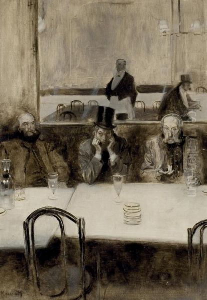 Paul Verlaine, Bibi La Puree Et Stephane Mallarme Au Cafe Procope Oil Painting by Serafino Macchiati