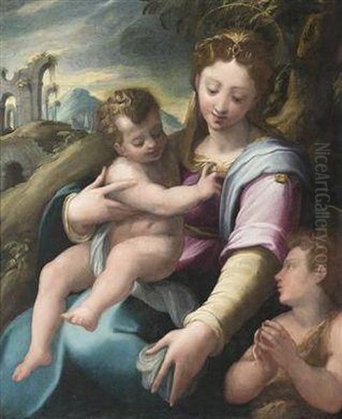 The Madonna And Child With The Infant Saint John Oil Painting by Girolamo Macchietti Del Crocefissaio