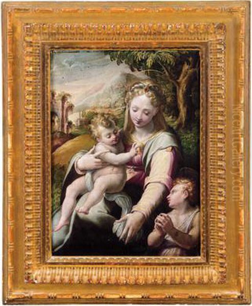 Madonna Con Il Bambino E San Giovannino In Un Paesaggio Oil Painting by Girolamo Macchietti Del Crocefissaio