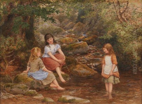 Two Girls Sitting On Rocks Beside Another Girl Paddling In A Stream Oil Painting by Samuel McCloy