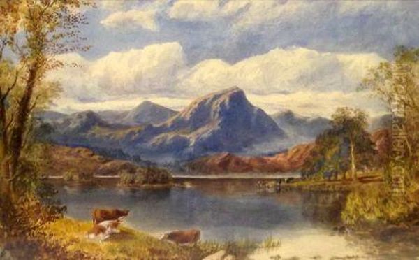 Scottish Loch And Mountain Landscape With Cattle Watering And Resting Oil Painting by James Macculloch