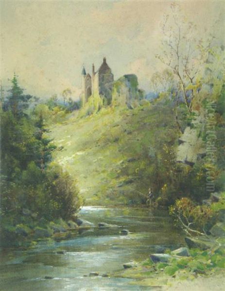 An Angler By A Castle Oil Painting by Murray Macdonald