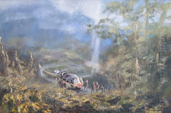 A Scouthelicopter In The Jungles Of Borneo Oil Painting by R.J. Macdonald