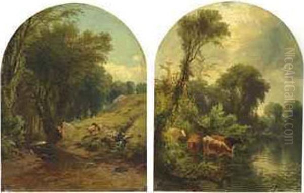 Sheep By A Stream And Cows Watering Oil Painting by James McDougal Hart