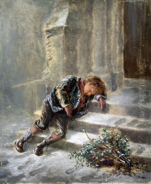 Urchin On A Doorstep In The Snow Oil Painting by William MacDuff