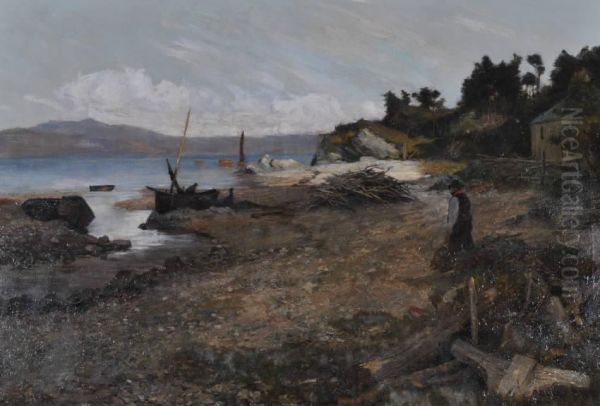 Fishing Beach Scene Oil Painting by William Stewart MacGeorge