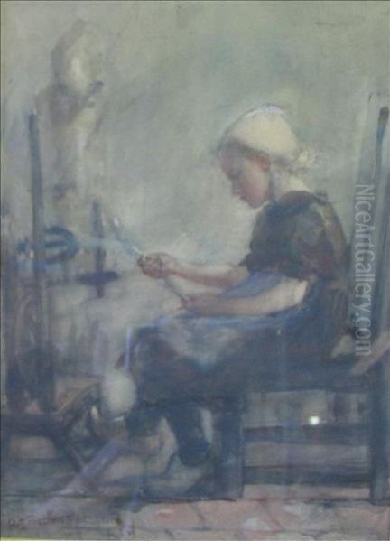 Young Girl Spinning Oil Painting by Hannah Clarke Prest. Macgoun