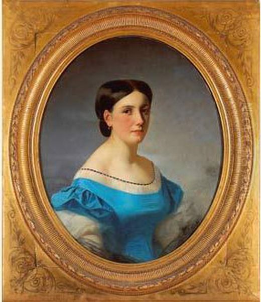 Femme A La Robe Bleue Oil Painting by Jules Louis Machard