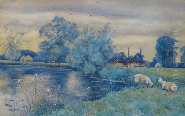 Sheep Grazing At The Rivers Edge Oil Painting by John Macintosh Macintosh