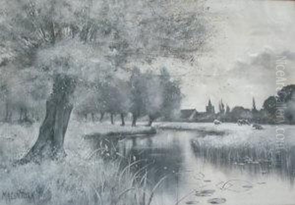 River Landscape With Willow Trees Oil Painting by John Macintosh Macintosh