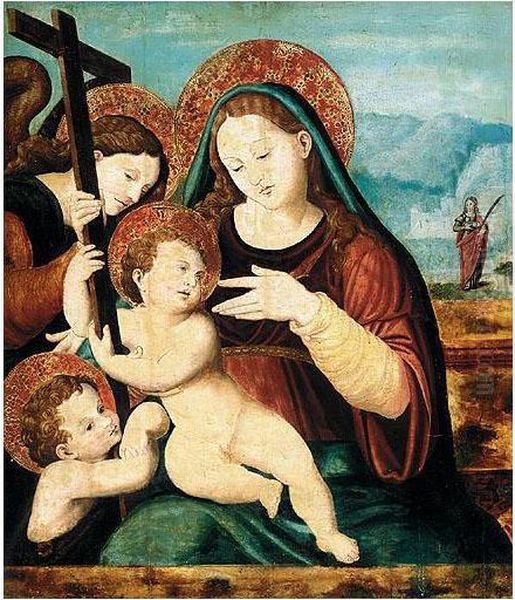 Madonna And Child, With The Infant Saint John, An Angel, And Saint Agatha Beyond Oil Painting by Vicente Juan (Juan de Juanes) Macip